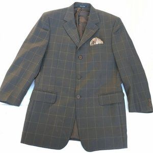 Brown Checkered Enzo Suit Virgin Wool 40R 30x30 Pant, Dress Shirt, Pocket Square